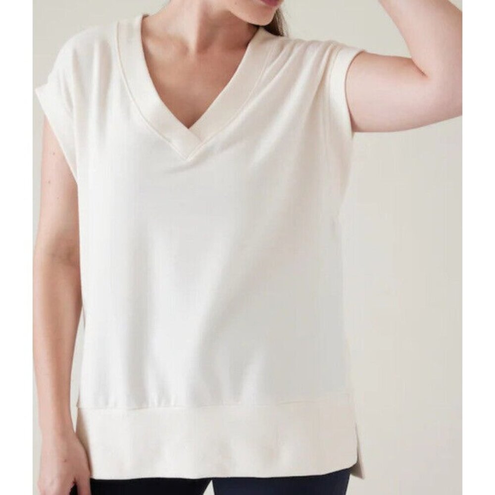 Athleta XL Retroterry V-Neck Sweatshirt Tee  Sleeveless Cream Ivory
